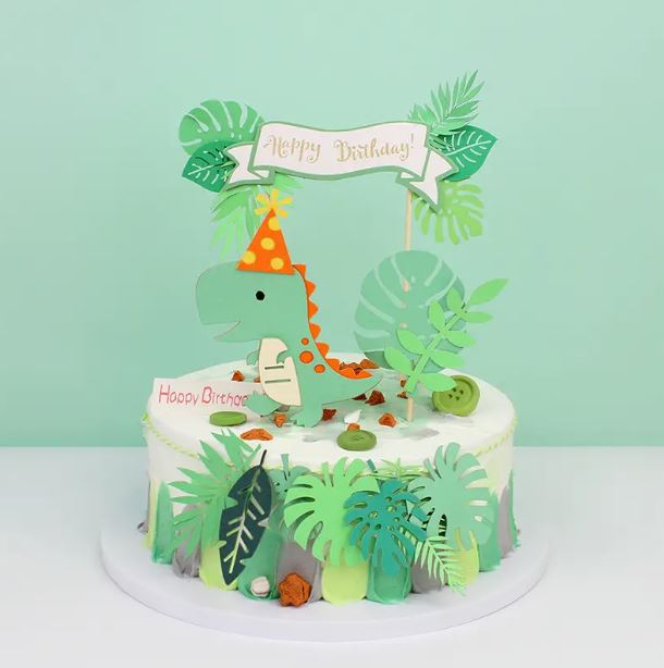 Green Dinosaur & Leaf Birthday Cake Topper