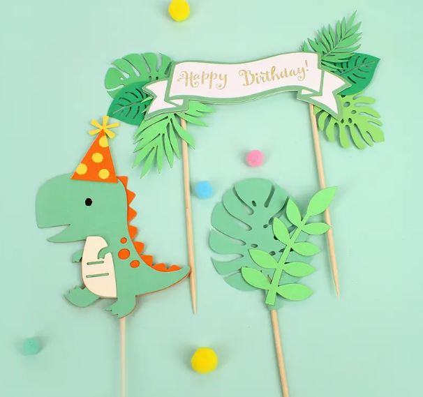 Green Dinosaur & Leaf Birthday Cake Topper