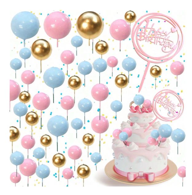 51 Pcs - Blue, Pink and Gold Foam Balls with Happy Birthday Cake Topper Set
