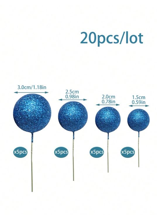20pcs Blue Glitter Foam Balls Cake Topper Set
