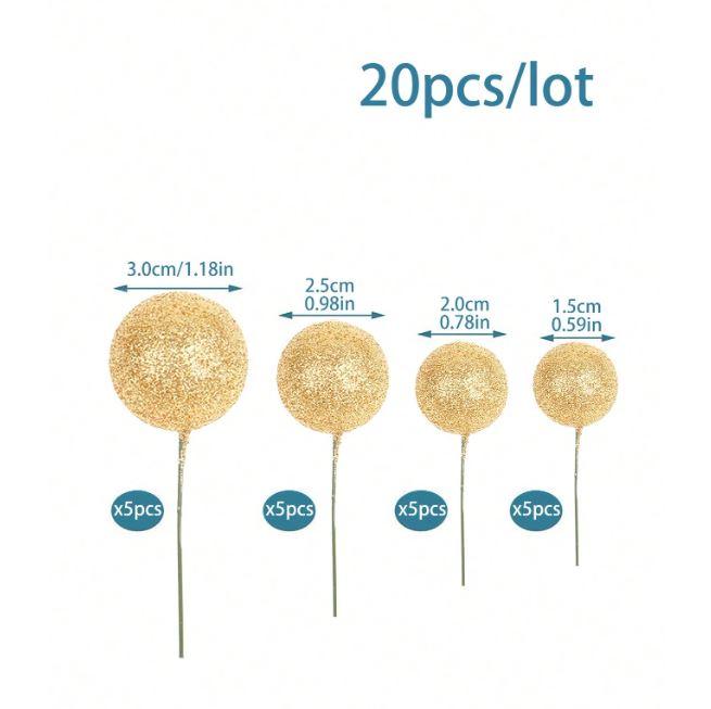 20pcs Gold Glitter Foam Balls Cake Topper Set