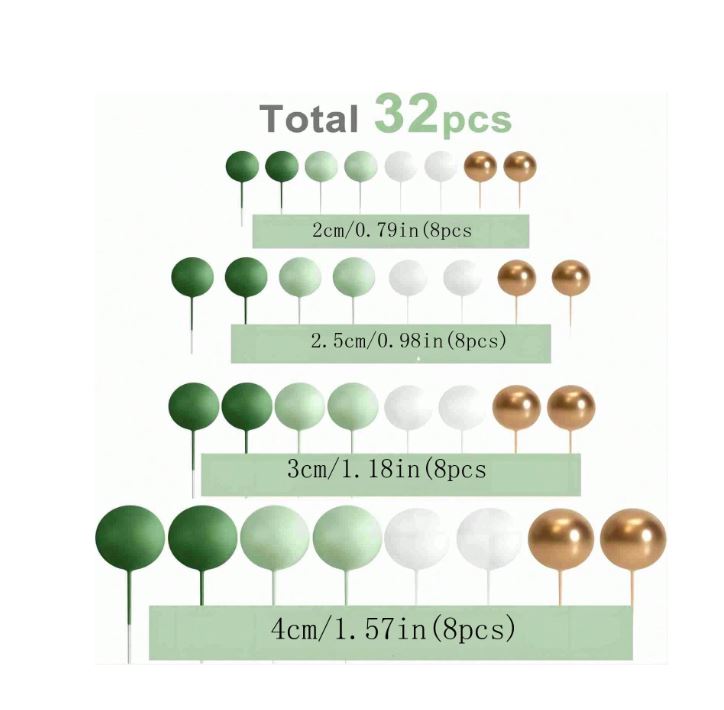 32 Pcs Green, Dark Green and White Foam Ball Cake Topper Set