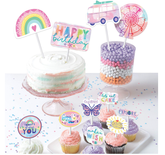 Festival Vibes "Happy Birthday" Paper Cake Treat Toppers