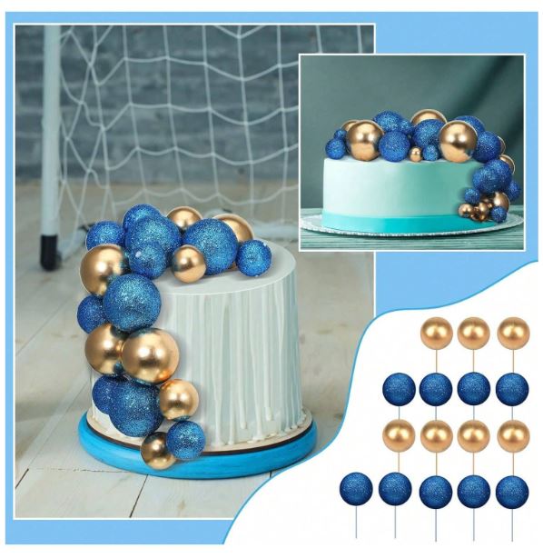 108pcs Iridescent Blue And Gold Foam Balls Cake Topper