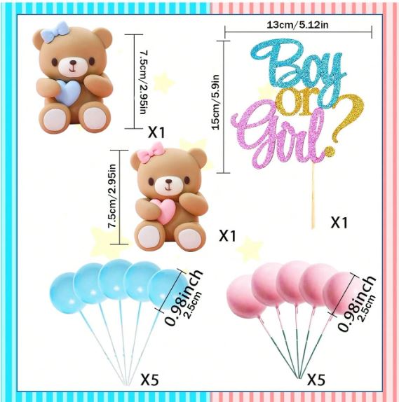 13PCS Blue & Pink Bow Bear and Foam ball Cake Toppers