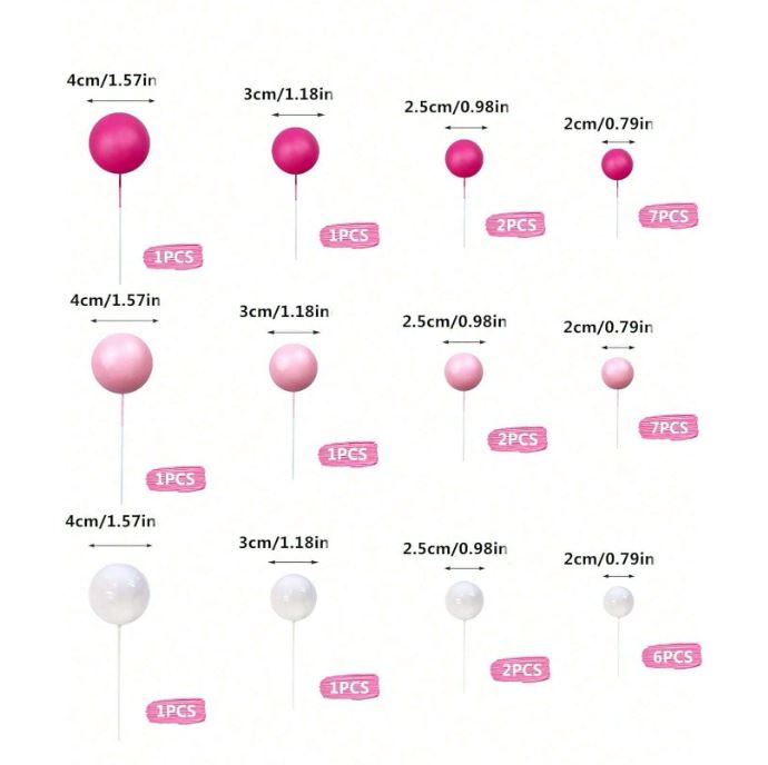 32 Pcs Dark Pink, Light Pink and White Foam Ball Cake Topper Set