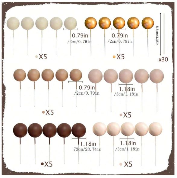 30 Pcs Boho Beige and Brown Foam Balls Cake Topper