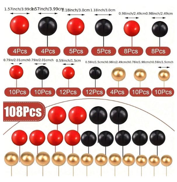 108 Pcs Mixed Red, Black and Gold Foam Ball Cake Topper