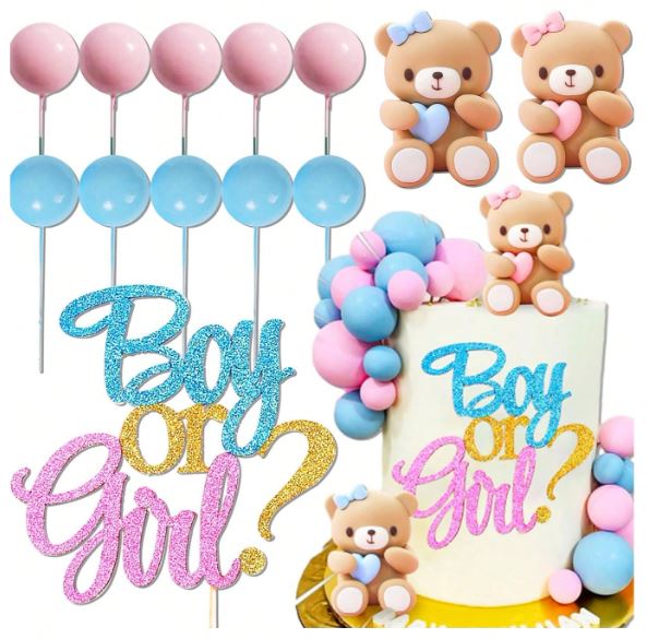 13PCS Blue & Pink Bow Bear and Foam ball Cake Toppers