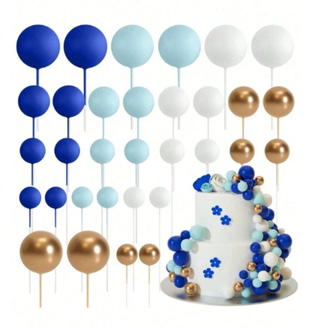 32pcs Dark Blue, Light Blue, White and Gold Foam Balls Cake Topper Set