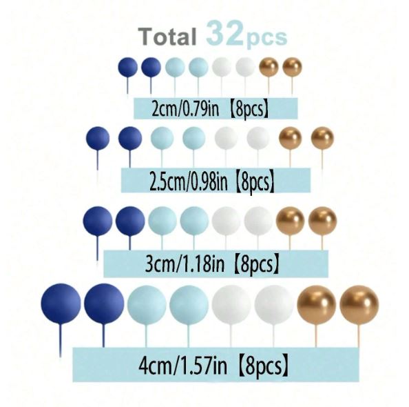 32pcs Dark Blue, Light Blue, White and Gold Foam Balls Cake Topper Set