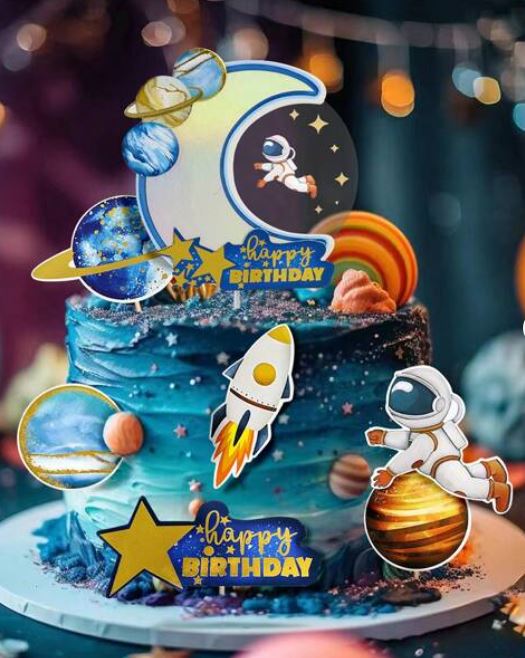 Blue Outer Space Planet Birthday Cake Topper