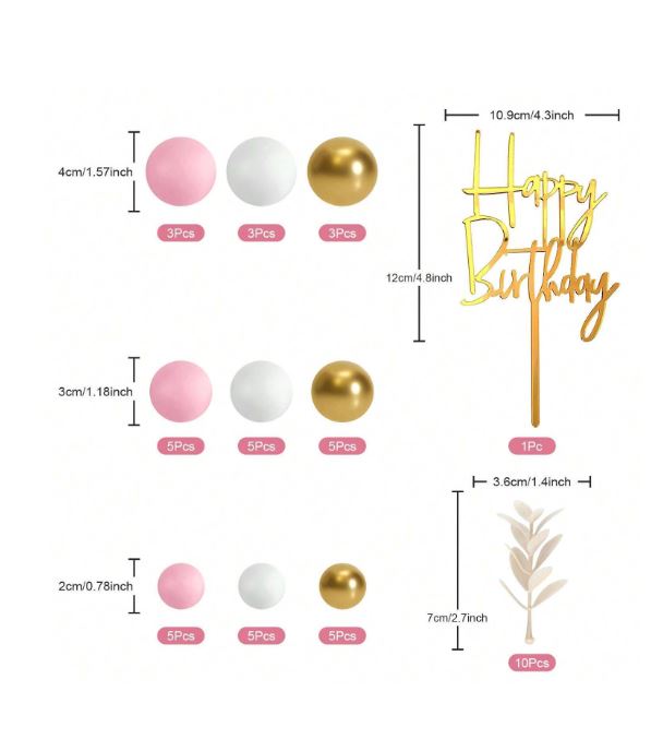 50 Pcs Pink, White and Gold Pearl Balls, Leaves Cake Topper Set