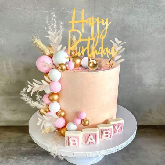 50 Pcs Pink, White and Gold Pearl Balls, Leaves Cake Topper Set