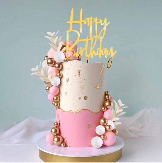 50 Pcs Pink, White and Gold Pearl Balls, Leaves Cake Topper Set
