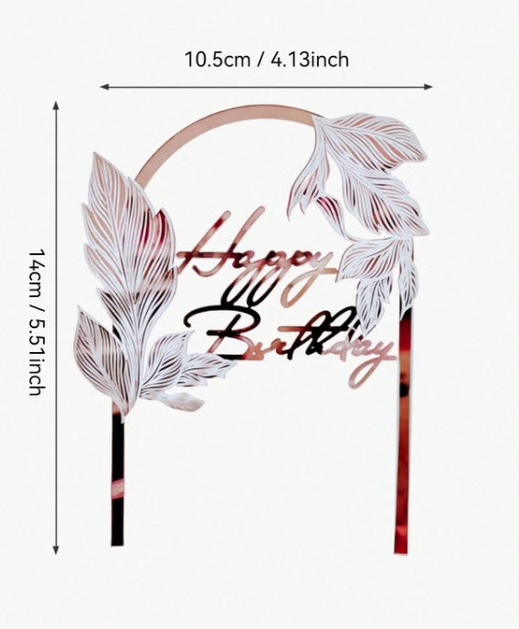 Happy Birthday Topper with Leaves - Rose Gold