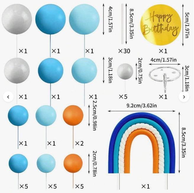 32pcs Blue Rainbow Cake Topper With Blue Orange Ball Foam
