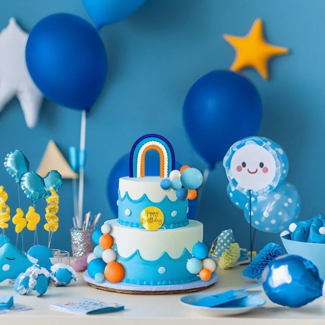 32pcs Blue Rainbow Cake Topper With Blue Orange Ball Foam