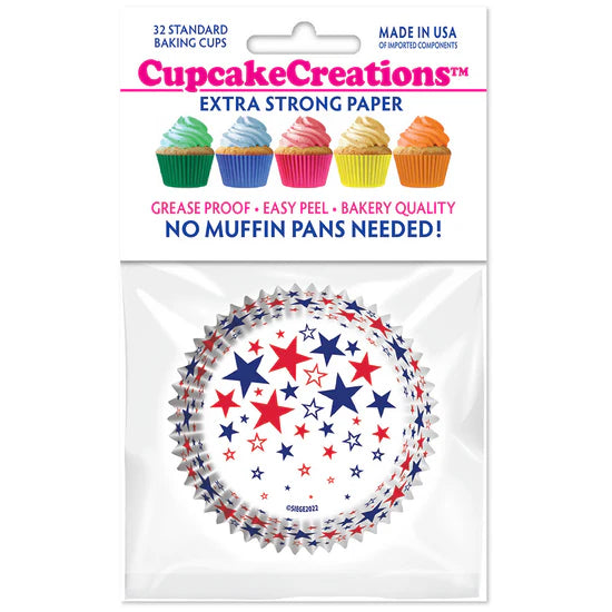 Red, White & Blue Stars on White Baking Cups - Cupcake Creations