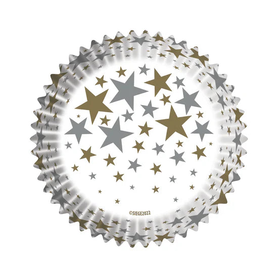 Gold & Silver Stars on White Baking Cups