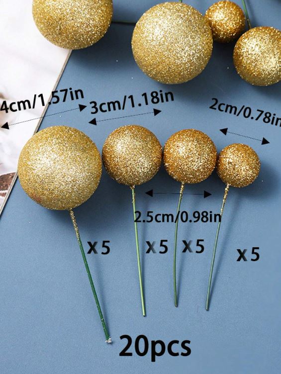 20pcs Gold Glitter Wish Ball Birthday Cake Topper