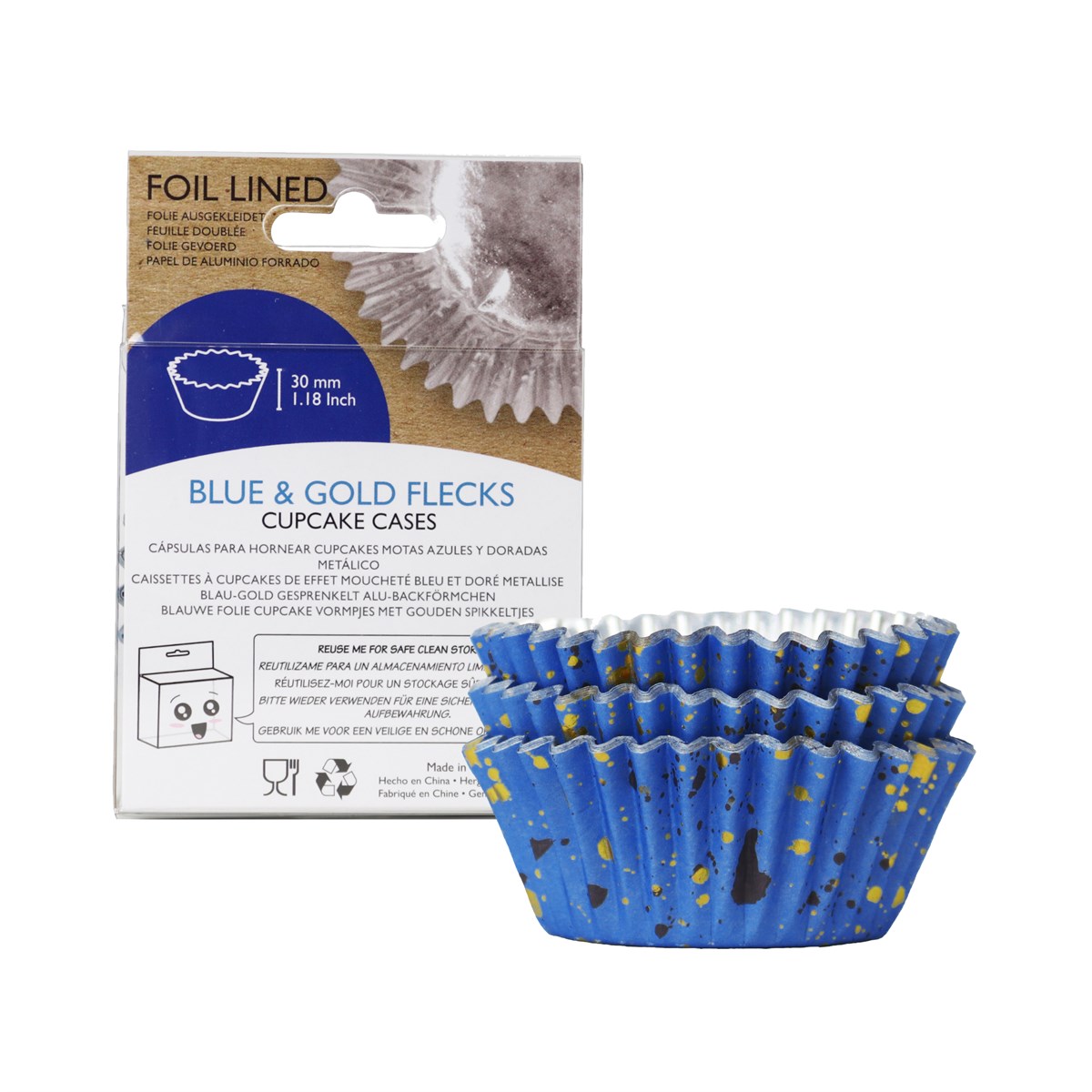 Cupcake Cases Foil Lined – Blue & Gold Flecks Pk/30