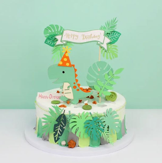 Green Dinosaur & Leaf Birthday Cake Topper