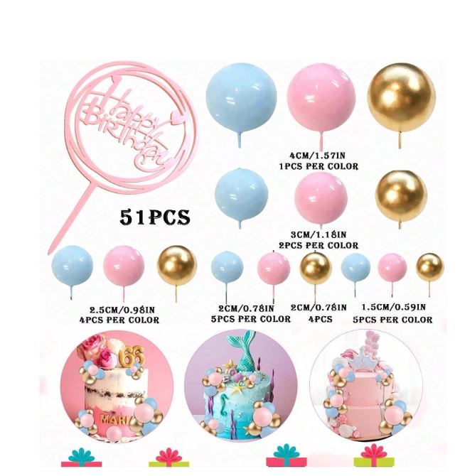 51 Pcs - Blue, Pink and Gold Foam Balls with Happy Birthday Cake Topper Set