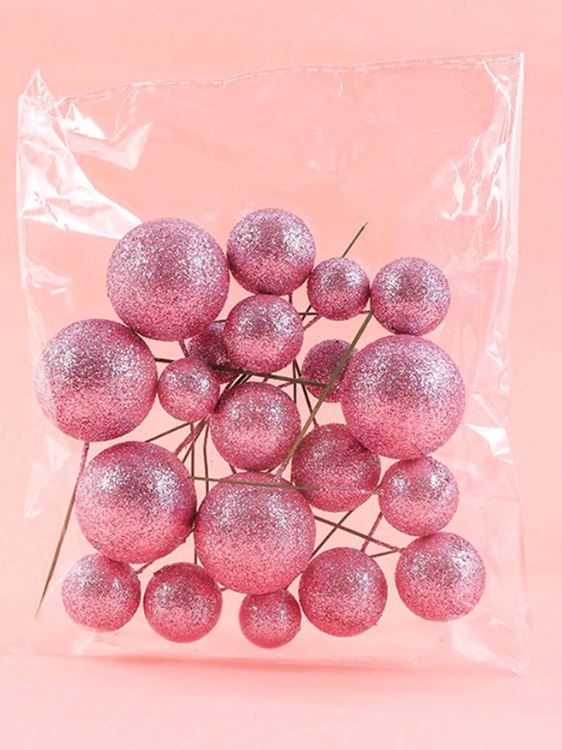 20pcs Pink Glitter Foam Balls Cake Topper Set