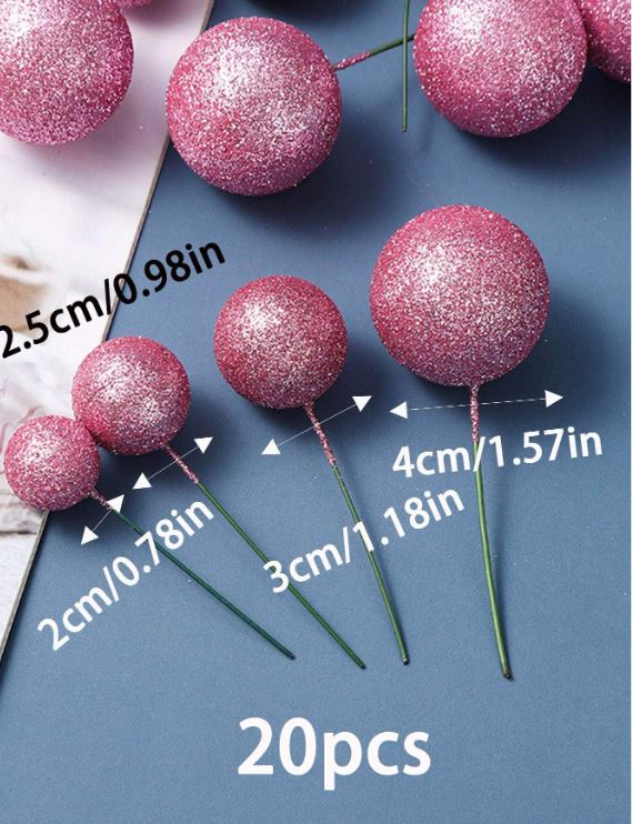 20pcs Pink Glitter Foam Balls Cake Topper Set
