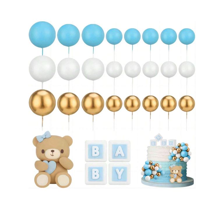 29 Pcs White, Blue and Gold Foam Ball with  Bear Cake Topper Set