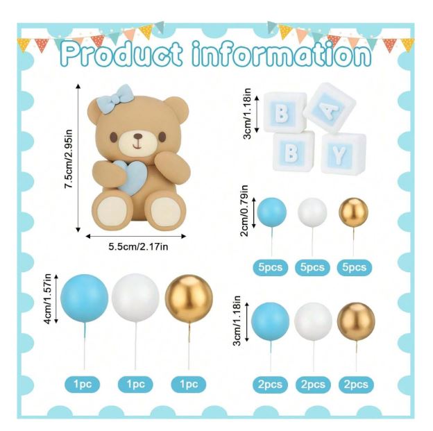 29 Pcs White, Blue and Gold Foam Ball with  Bear Cake Topper Set