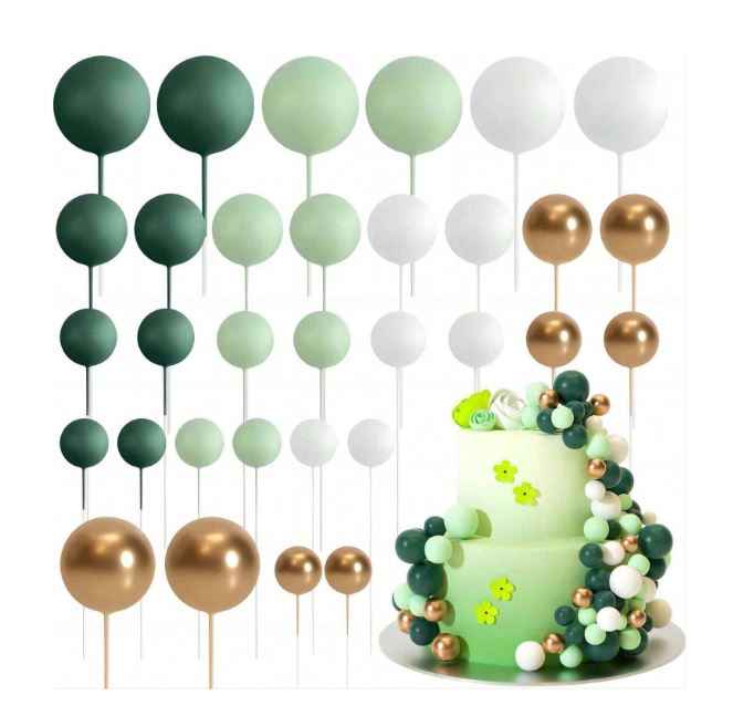 32 Pcs Green, Dark Green and White  Foam Ball Cake Topper Set