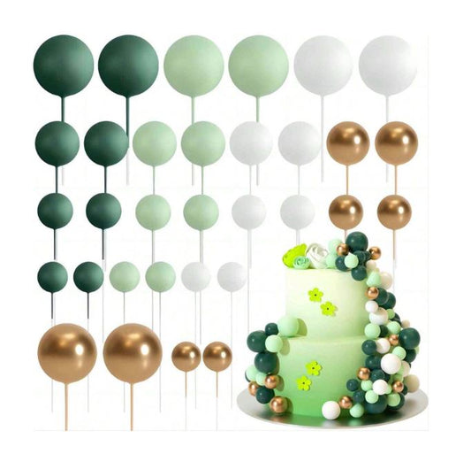 32 Pcs Green, Dark Green and White  Foam Ball Cake Topper Set