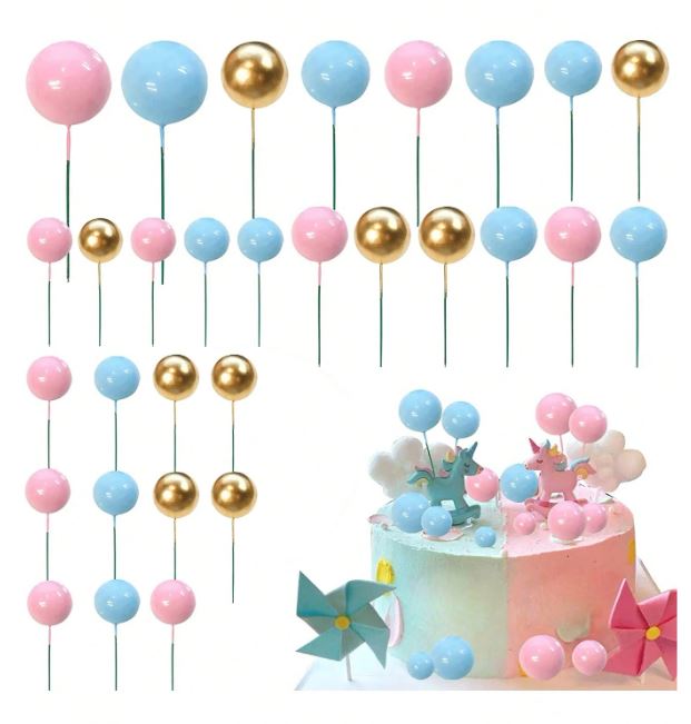 50pcs Mixed Size Pink, Blue and Gold Foam Balls Cake Topper