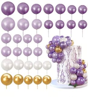32pcs Purple, Gold and White Foam Balls Cake Topper