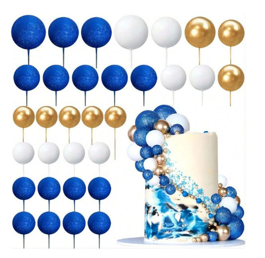 32 Pcs Glitter Blue Gold White Cake Topper