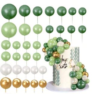 32pcs Green, Gold and White Foam Balls Cake Topper