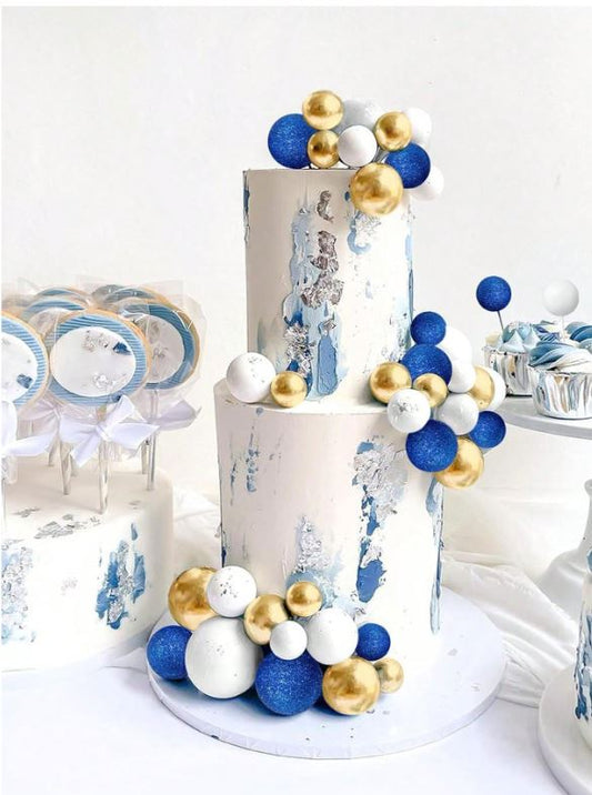 32pcs Mixed Blue, White, and Gold  Cake Ball Decorations