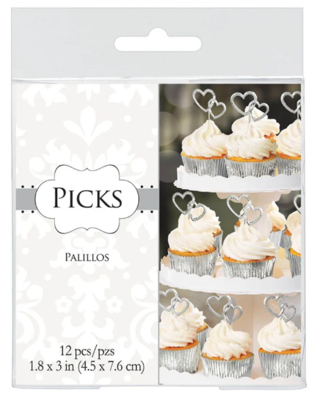 Plastic Silver Heart Shaped Cupcake Picks