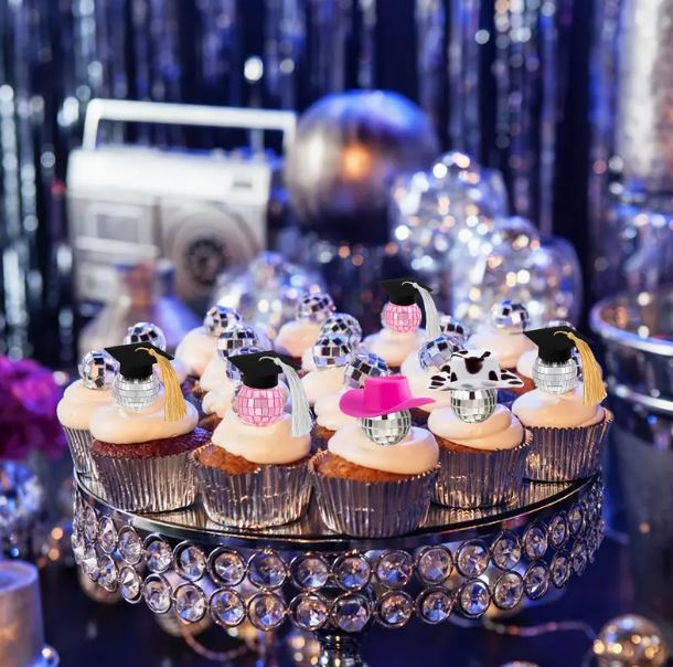 10 Pcs Disco Ball with Graduation Cap Cupcake Topper