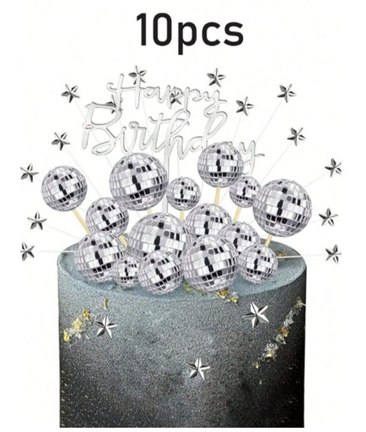 10pcs Silver Disco Ball Cake Decorations