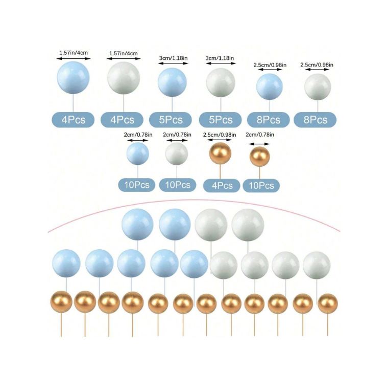 68pcs Gold, Blue and White Foam Ball Topper Set