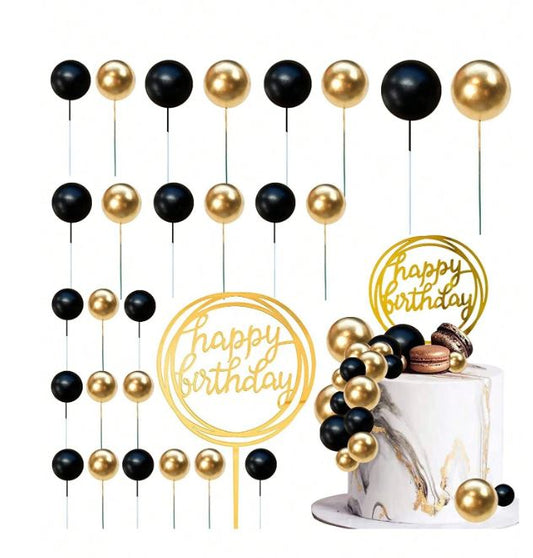 50pcs Black and Gold Foam  Balls Cake Topper Set
