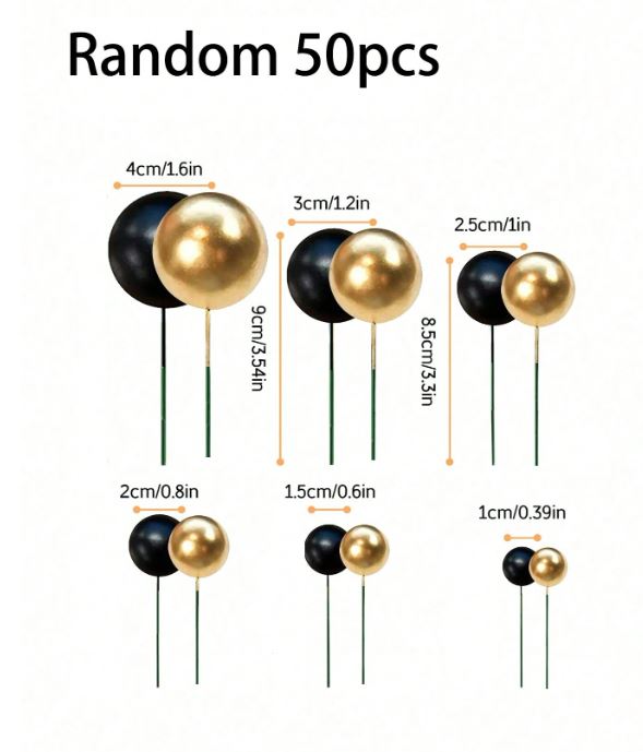 50pcs Black and Gold Foam  Balls Cake Topper Set