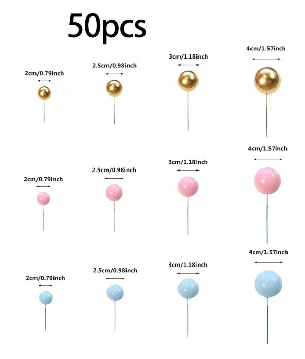 50pcs Mixed Size Pink, Blue and Gold Foam Balls Cake Topper
