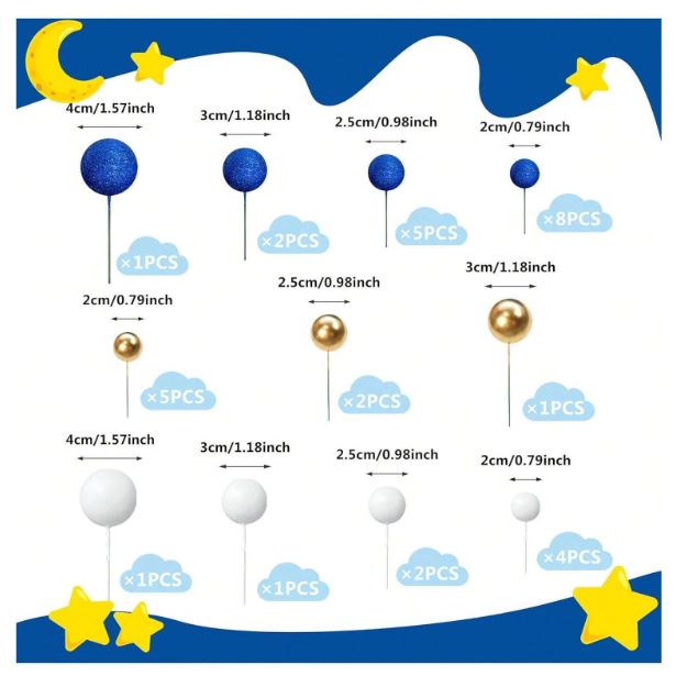 32 Pcs Glitter Blue Gold White Cake Topper