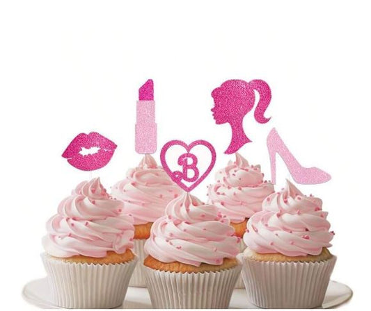 Hot Pink Glitter High Heel, Lipstick, Lip Cupcake Picks