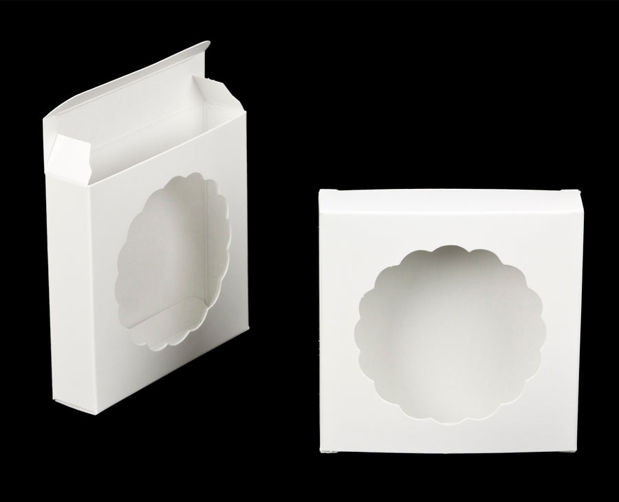 White Reverse Tuck Box with Round Window - 4 3/8" x 4 3/8" x 1"