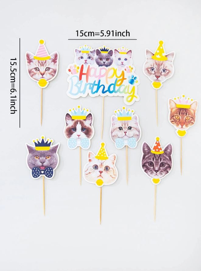 9pcs Cartoon Cat Pattern Cake Topper